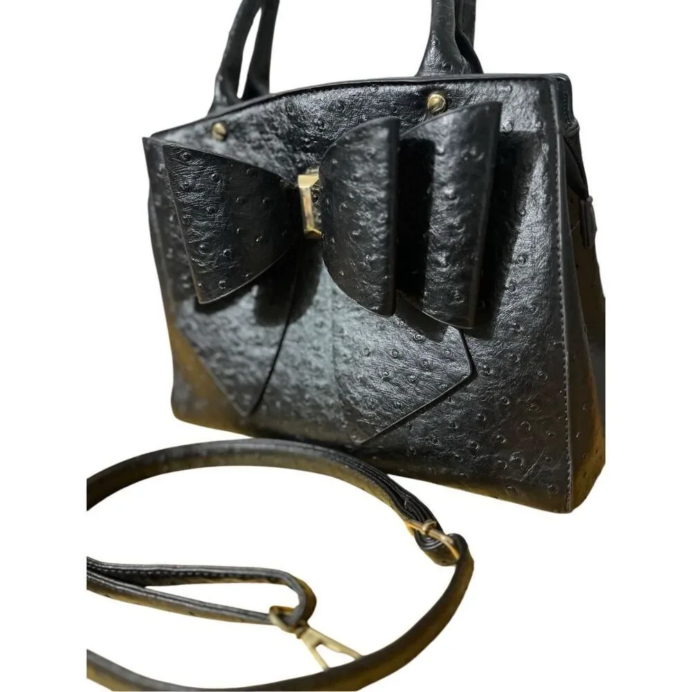 Grossi Faux Ostrich Vegan Leather Satchel: Elegant Black Double Bow